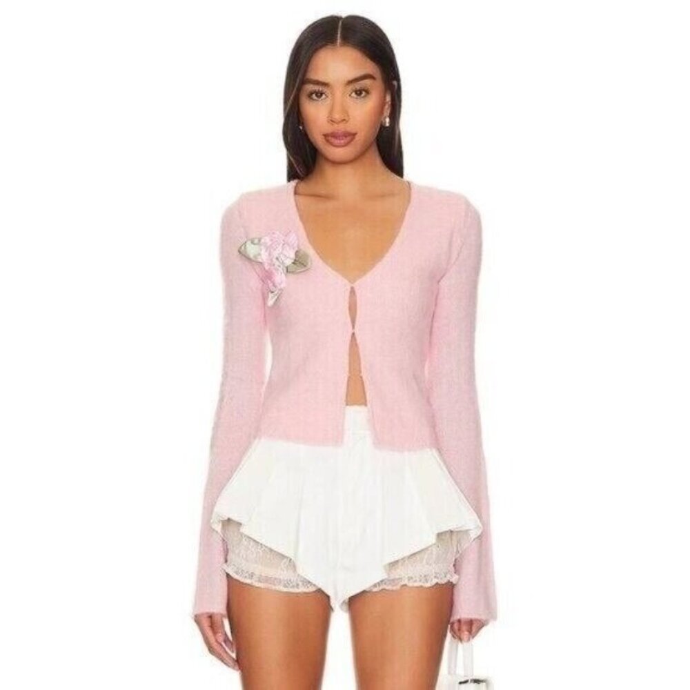For Love & Lemons Savannah Rosette Applique Wool Mohair Cardigan in Pink